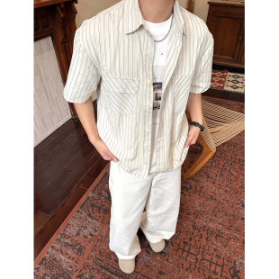韩系慵懒双口袋工装风条纹短袖衬衫男夏季宽松休闲boxy翻领衬衣潮