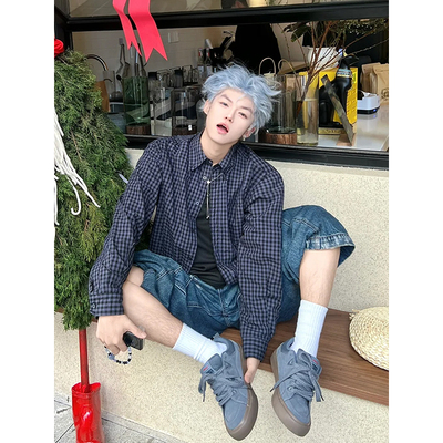 基础小格纹衬衫男女长袖春夏宽松休闲慵懒高级感百搭cleanfit外套