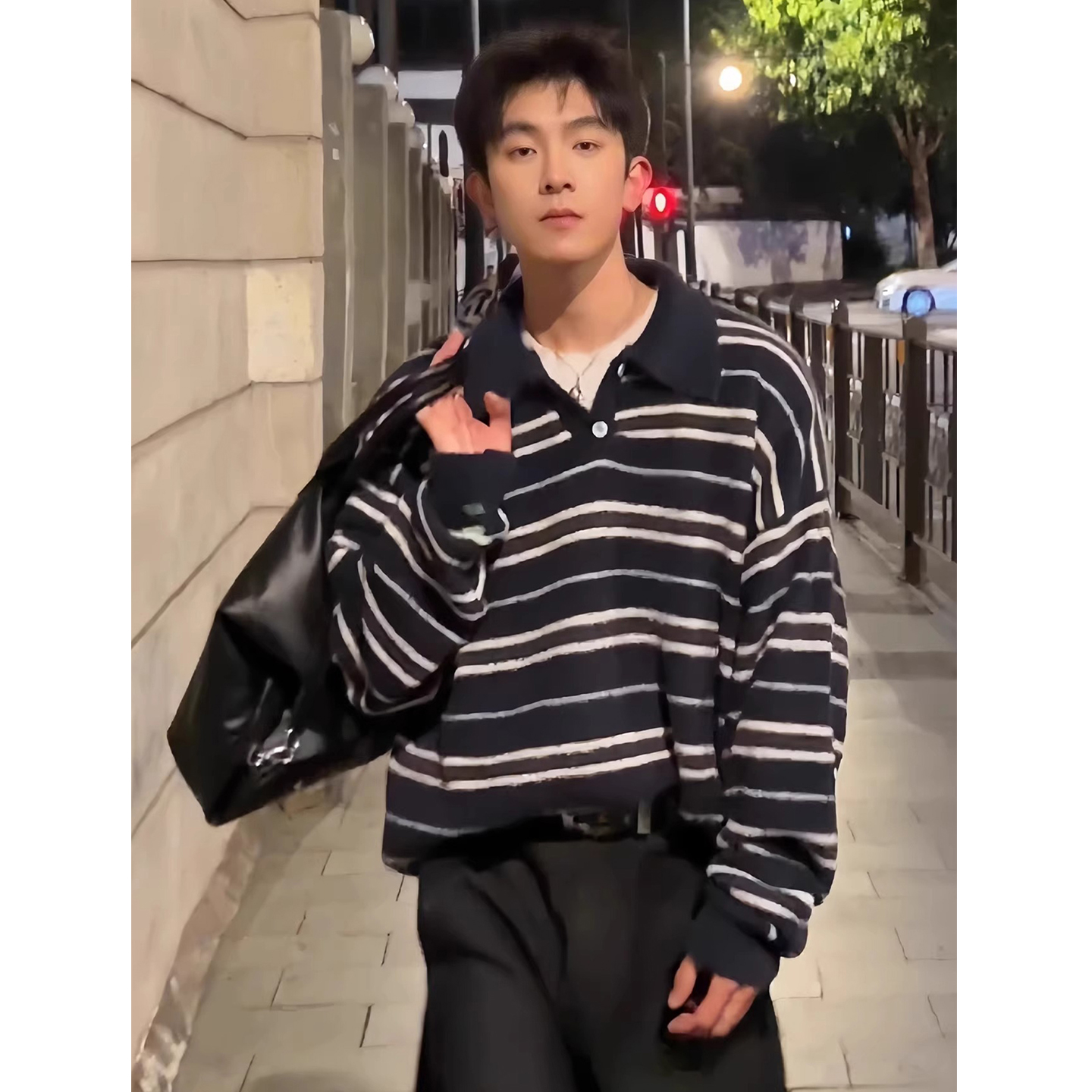 复古老钱风条纹撞色polo领毛衣男女秋冬慵懒感休闲宽松情侣针织衫