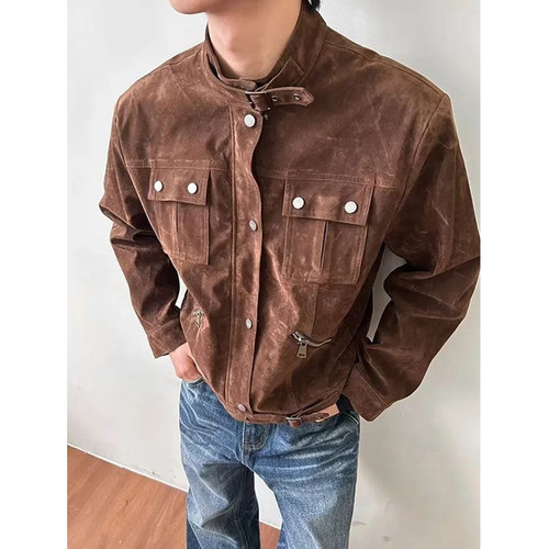 古早感棕色麂皮绒工装哈灵顿夹克男春秋季美式复古通勤机车服外套