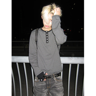 cleanfit亨利领条纹长袖T恤男女慵懒感美式休闲宽松内搭打底上衣