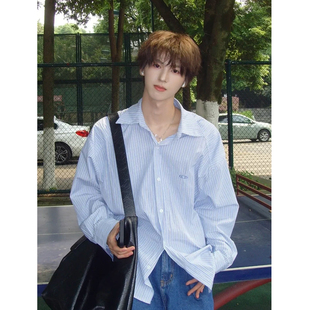 防晒慵懒宽松休闲衬衣女 男春夏季 韩系氛围少年感廓形条纹长袖 衬衫