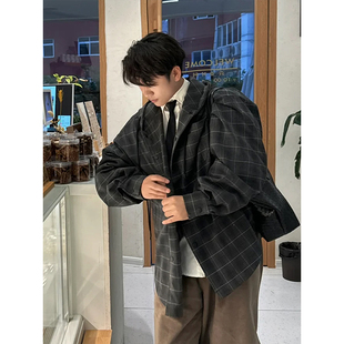 廓形格子衬衫男女春季长袖款宽松休闲外套美式复古松弛感连帽衬衣