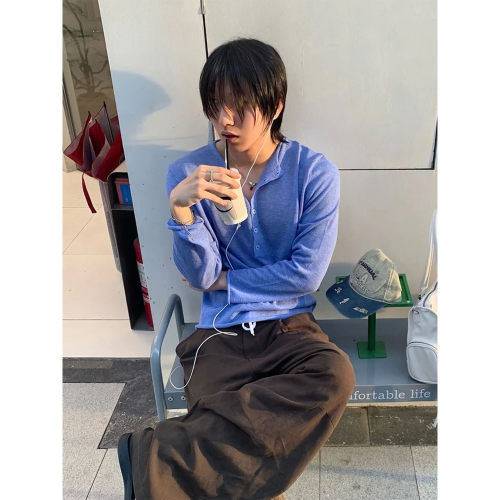 蓝色度假风长袖防晒罩衫T恤男夏季轻薄微透宽松休闲慵懒排扣上衣