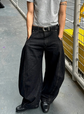 极简ALLBLACK弯刀牛仔裤男cleanfit街头复古水洗宽松休闲镰刀裤子