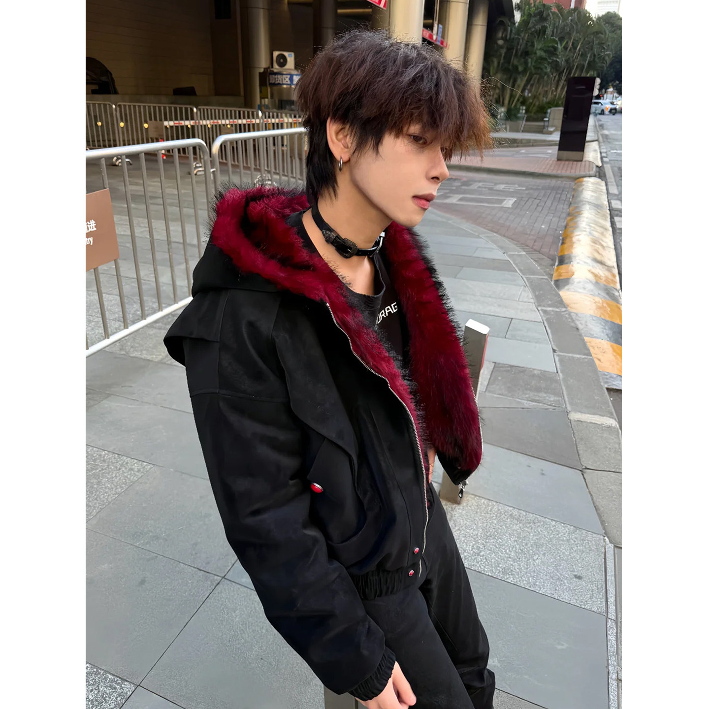 红色毛毛座山雕连帽棉服外套男美式暗黑痞帅宽松保暖加厚解构棉衣