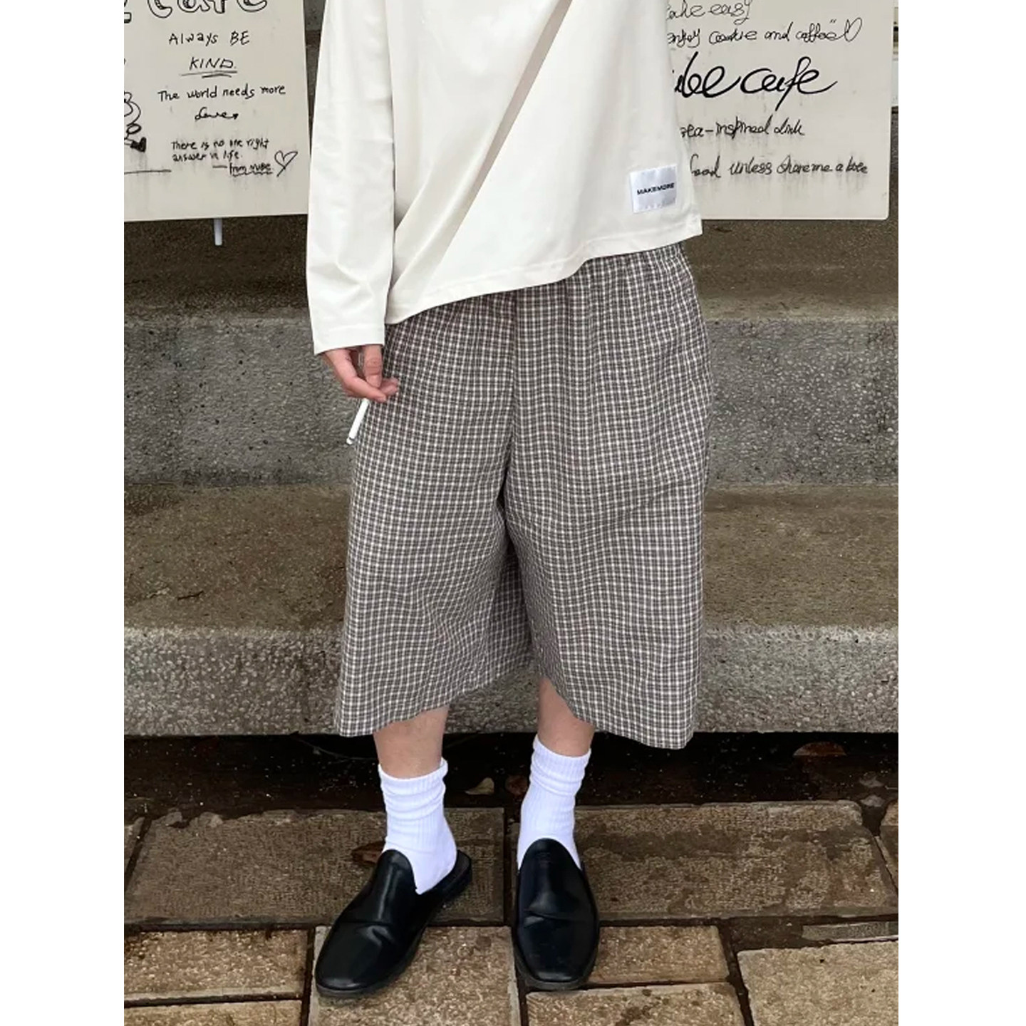 慵懒复古咖色格纹休闲七分裤男夏季薄款cleanfit宽松百搭阔腿短裤图片