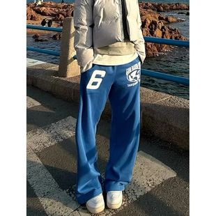 男女字母印花直筒卫裤 型宽松阔腿休闲裤 街头运动风蓝色慵懒版 美式