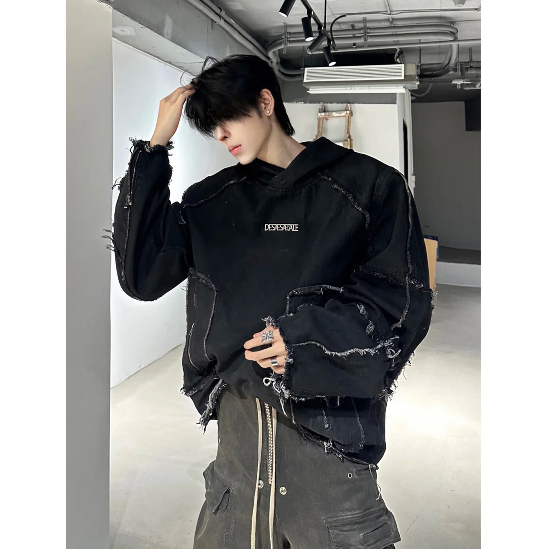 重工朋克解构感水洗小众拼接流苏牛仔卫衣外套男美式街头套头夹克