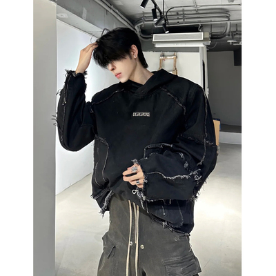 重工朋克解构感水洗小众拼接流苏牛仔卫衣外套男美式街头套头夹克