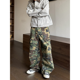 水洗军绿迷彩多口袋褶皱直筒工装裤男女春秋季宽松百搭cargo裤子