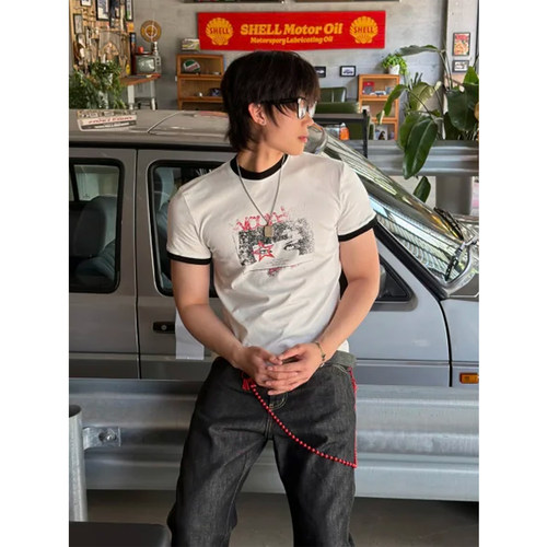 街头美式复古拼接螺印花修身圆领短袖上衣T恤男女正肩休闲半截袖