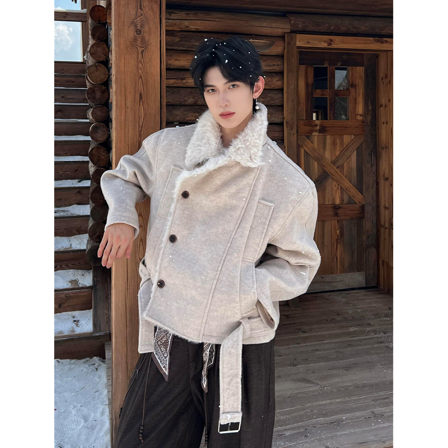 美式复古高级感双排扣毛领棉服男女款冬季休闲加厚毛呢座山雕外套