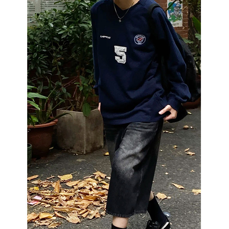 美式复古运动球服卫衣男女春秋季潮牌宽松休闲情侣款小V领体恤衫