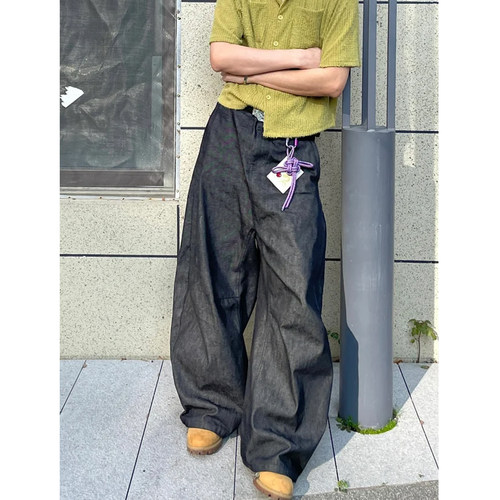 膝盖打褶结构阔腿牛仔裤男cleanfit街头美式廓形休闲宽松拖地长裤