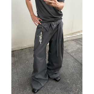 禅宗打褶剑道残心飘带刺绣宽松西裤男直筒条纹高腰垂感休闲阔腿裤