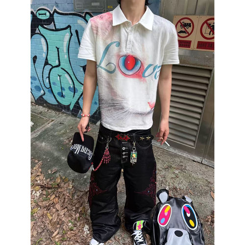 轻亚街头感LOVE猫眼印花白色Polo衫男女短袖小众美式情侣翻领T恤