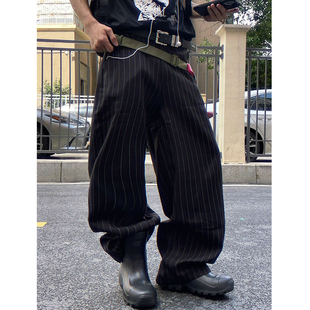 子 男女宽松直筒百搭廓形cleanfit休闲裤 美式 复古条纹垂感弯刀西裤