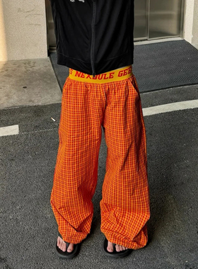 多巴胺橙色字母腰拼接格纹阔腿裤男夏季美式复古运动情侣休闲裤子