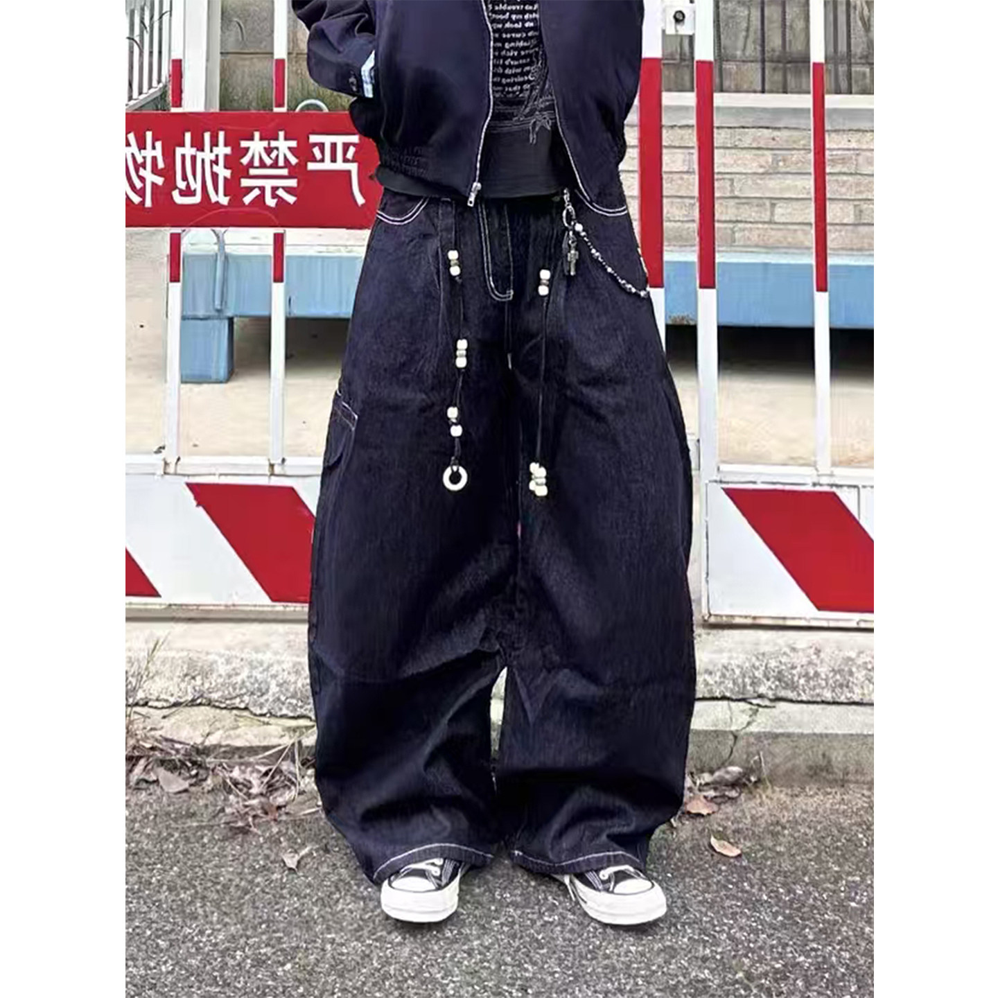 珠绳腰带弯刀牛仔裤男美式廓形复古松弛感宽松设计感水洗阔腿长裤