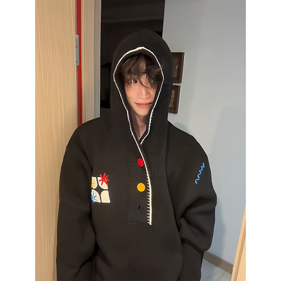 多巴胺彩色纽扣半开衫毛衣男女美式复古高级感慵懒针织衫连帽上衣