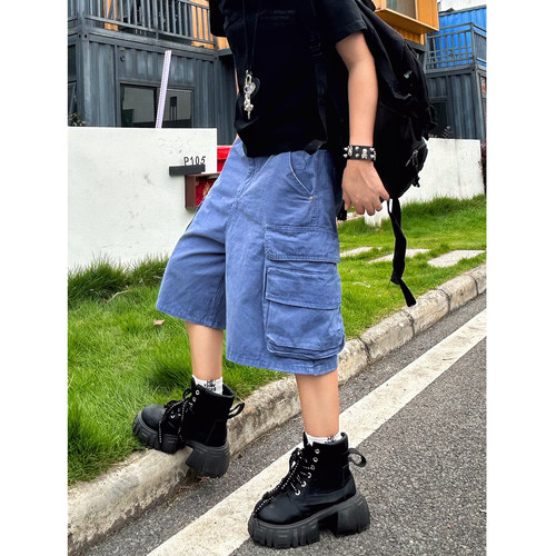 夏季街头风复古水洗法工蓝工装短裤男女宽松直筒美式慵懒休闲中裤