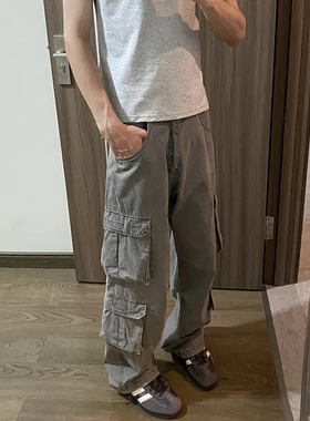 grey水洗多口袋工装裤男女美式复古直筒cargopants休闲阔腿长裤子
