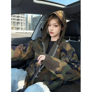 美式复古破洞迷彩毛衣男女款秋冬季开衫连帽慵懒风情侣针织衫外套