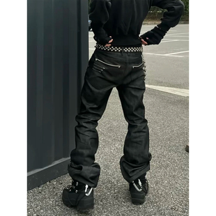 美式酷感风黑色微喇堆积感牛仔裤男垂感潮流百搭直筒显瘦拖地长裤