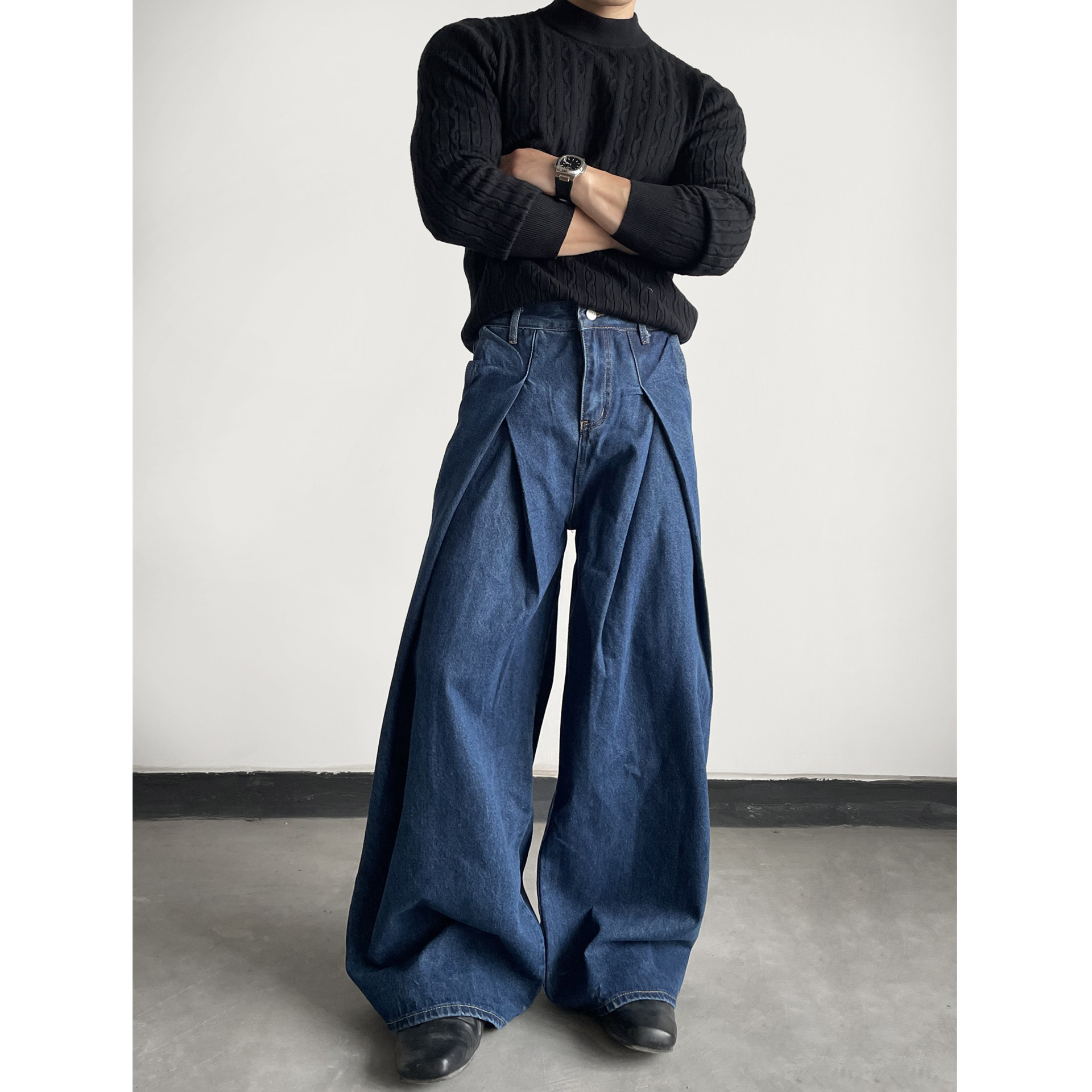 韩系通勤A字型打褶阔腿深蓝色牛仔裤男美式复古宽松休闲拖地长裤