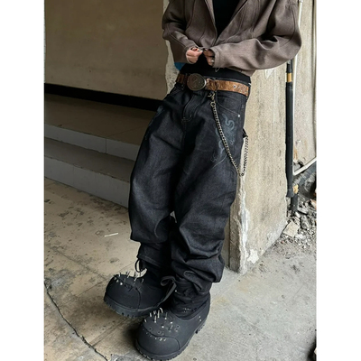 亚比文化蛇骨异形印花原牛阔腿牛仔裤男款小众街头风嘻哈直筒裤子