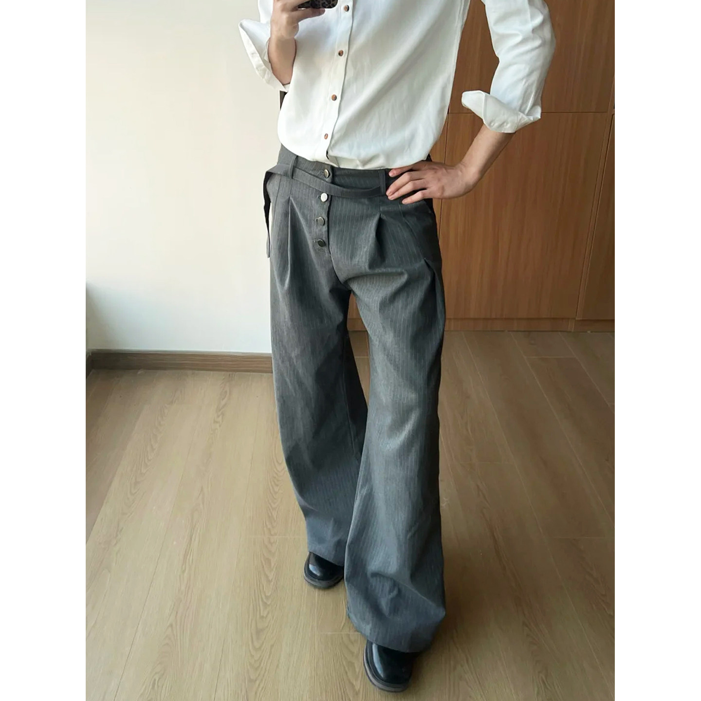 通勤高智感条纹排扣阔腿西裤男美式复古老钱穿搭宽松休闲西装长裤