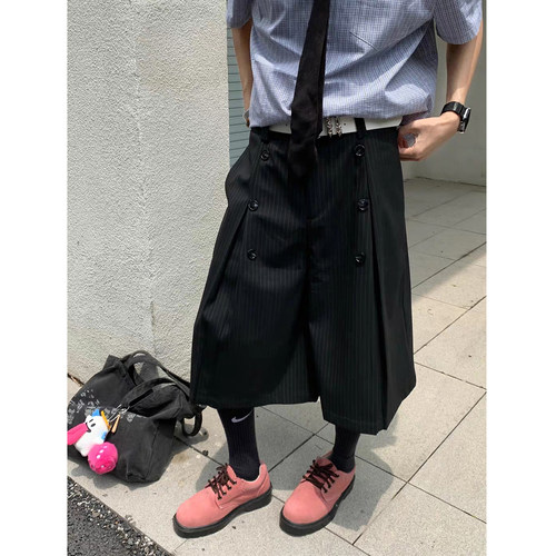 夏季高级感条纹A字七分西裤男女款老钱风宽松双排扣阔腿休闲短裤