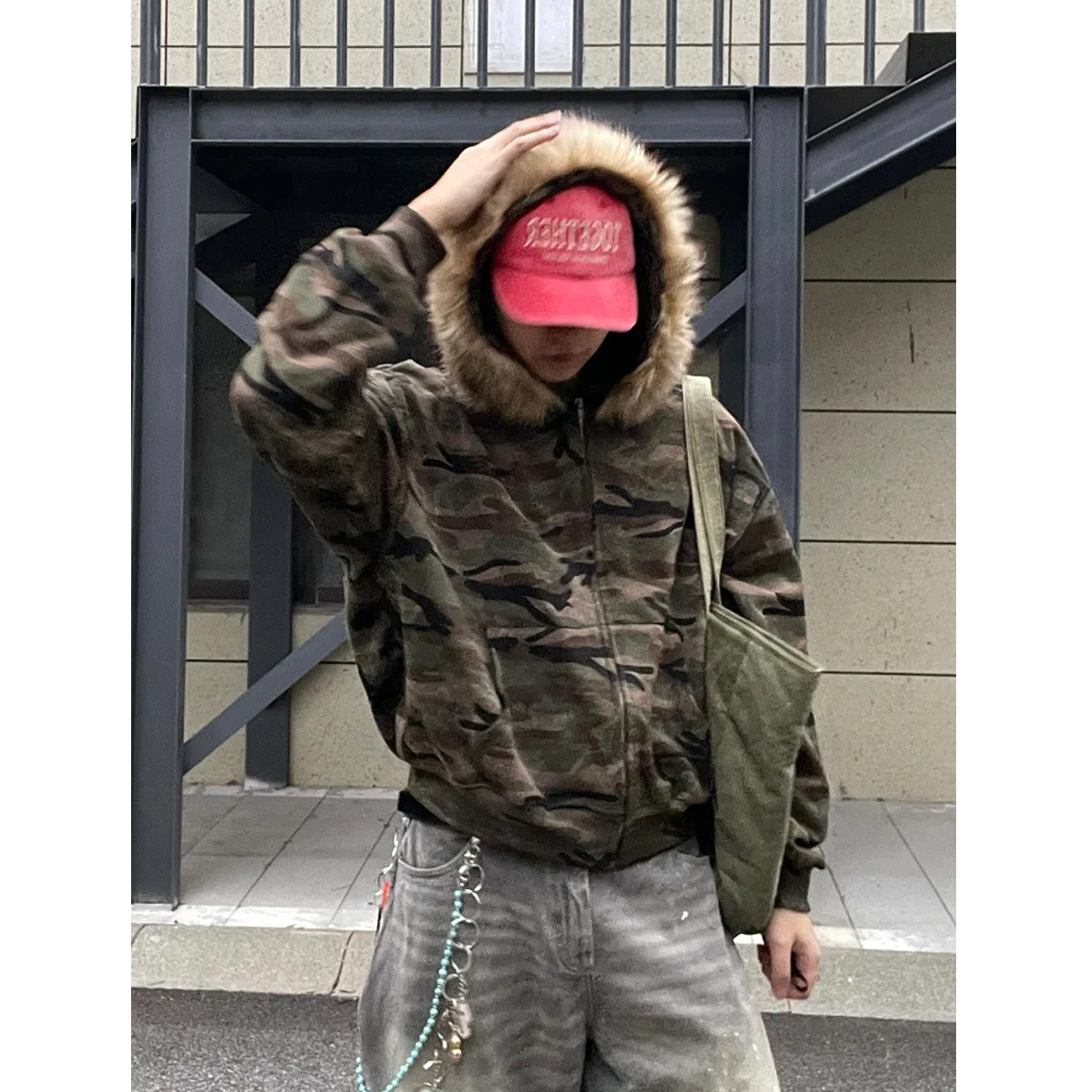 大毛领迷彩开衫卫衣外套男秋冬季美式复古宽松慵懒感痞帅连帽夹克