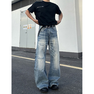 复古水洗宽松阔腿裤 vintage街头松弛感刀割磨破弯刀牛仔裤 男美式