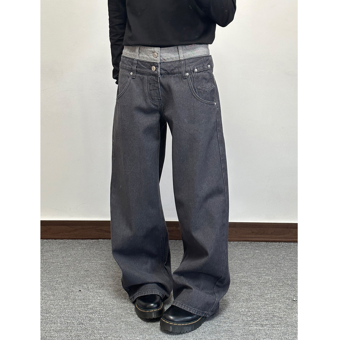 做旧水洗拼接两色双腰头牛仔裤男女同款宽松美式复古设计感阔腿裤