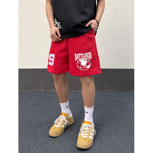 美式复古字母印花运动风休闲短裤男女夏季宽松阔腿百搭抽绳五分裤