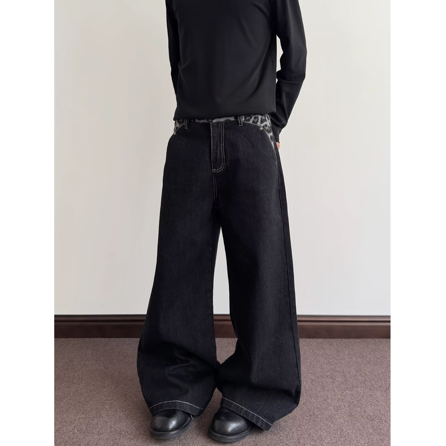 美式复古cleanfit豹纹拼接弯刀牛仔裤直筒微喇A字原牛裤子男女款