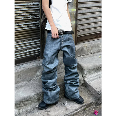 skinny差异化堆积感牛仔裤男美式复古湖水绿直筒五连扣拖地微喇裤