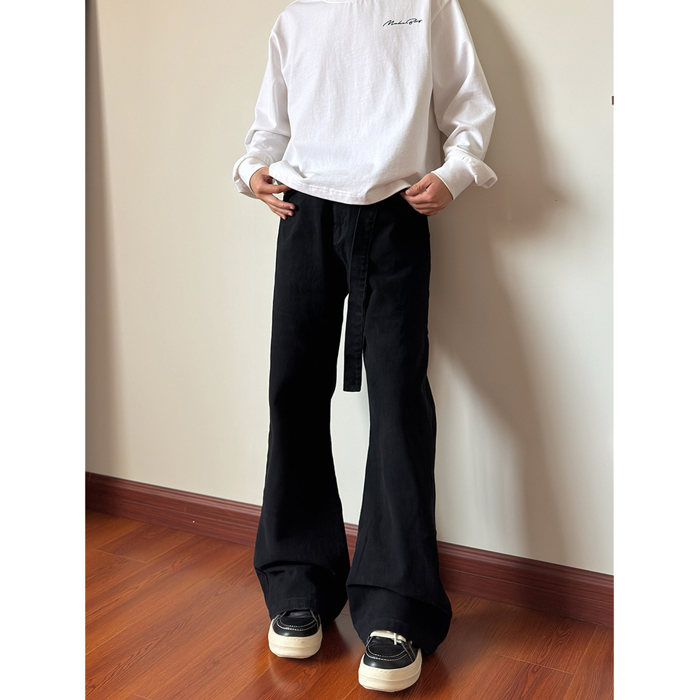 bootcut黑色弯刀微喇休闲裤男春秋痞帅cleanfit直筒裤子美式高街