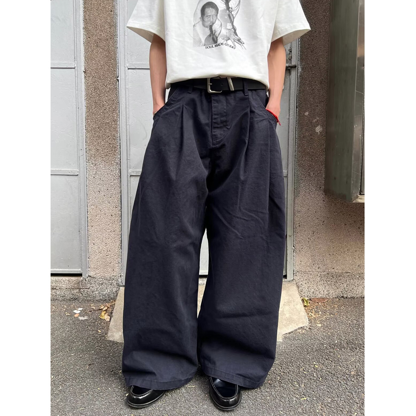 水洗高质感宽松打褶阔腿裤男女美式复古休闲简约阔型工装裤休闲裤