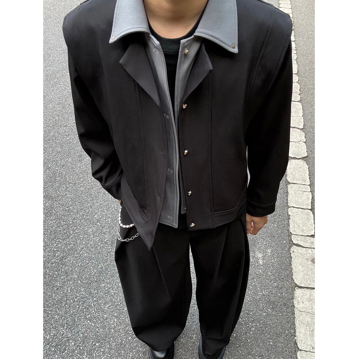 美式复古感硬挺假两件夹克外套男生高级设计感拼接痞帅穿搭西装潮