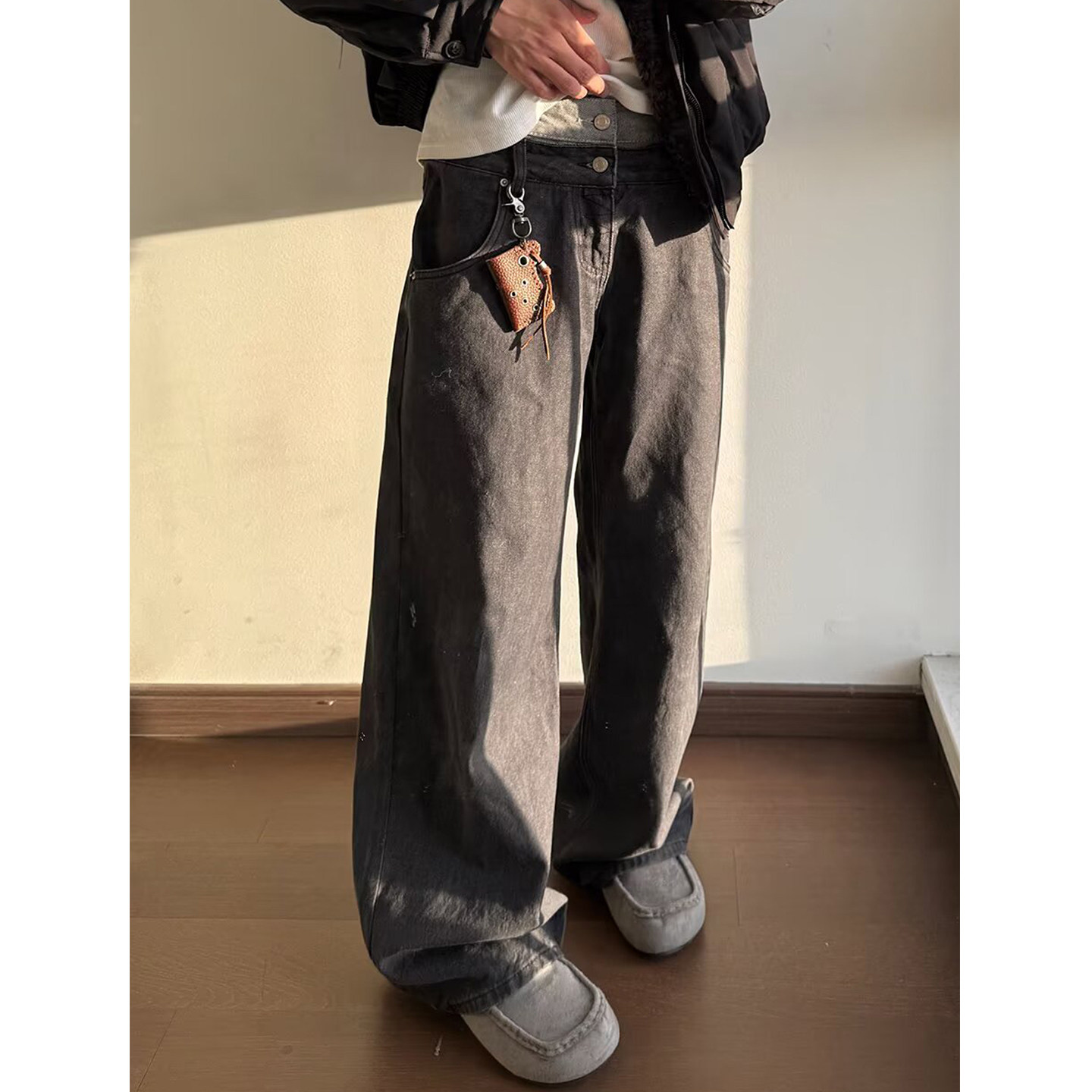 时髦叠穿感拼接双裤头水洗牛仔裤男美式小众设计宽松做旧阔腿长裤