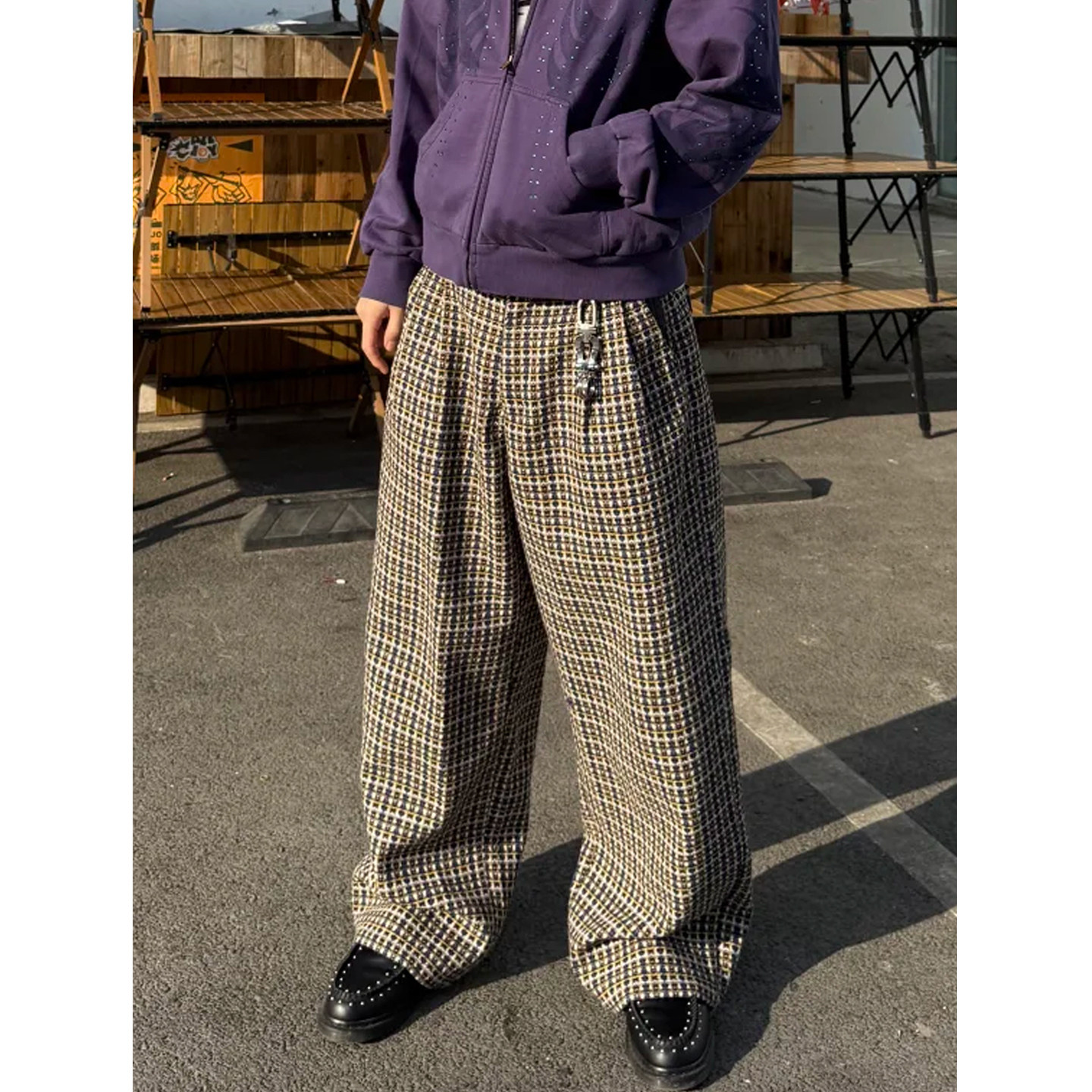 粗花格纹小香风千鸟格拼皮阔腿裤男女同款美式慵懒感宽松休闲裤子