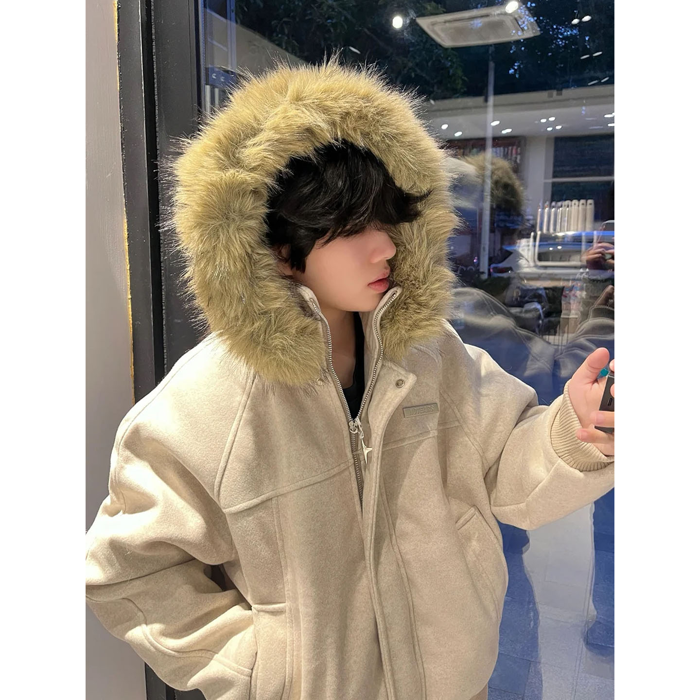 冬季美式解构座山雕大毛领连帽棉衣外套男女加厚保暖复古短款棉服