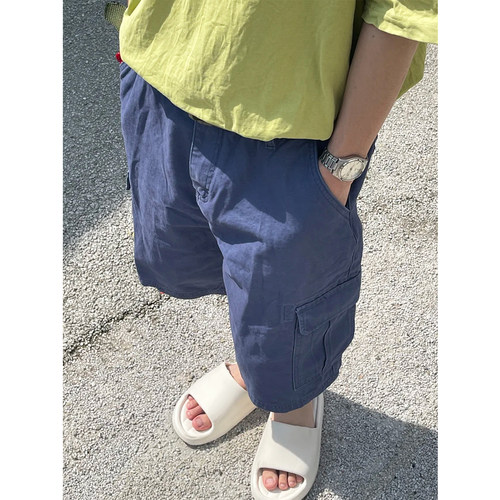 vintage洗水做旧法工蓝短裤男夏季街头风复古宽松休闲五分工装裤