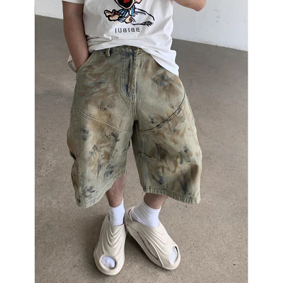 美式高街水洗脏染废土风牛仔短裤男女夏季小众宽松做旧阔腿七分裤