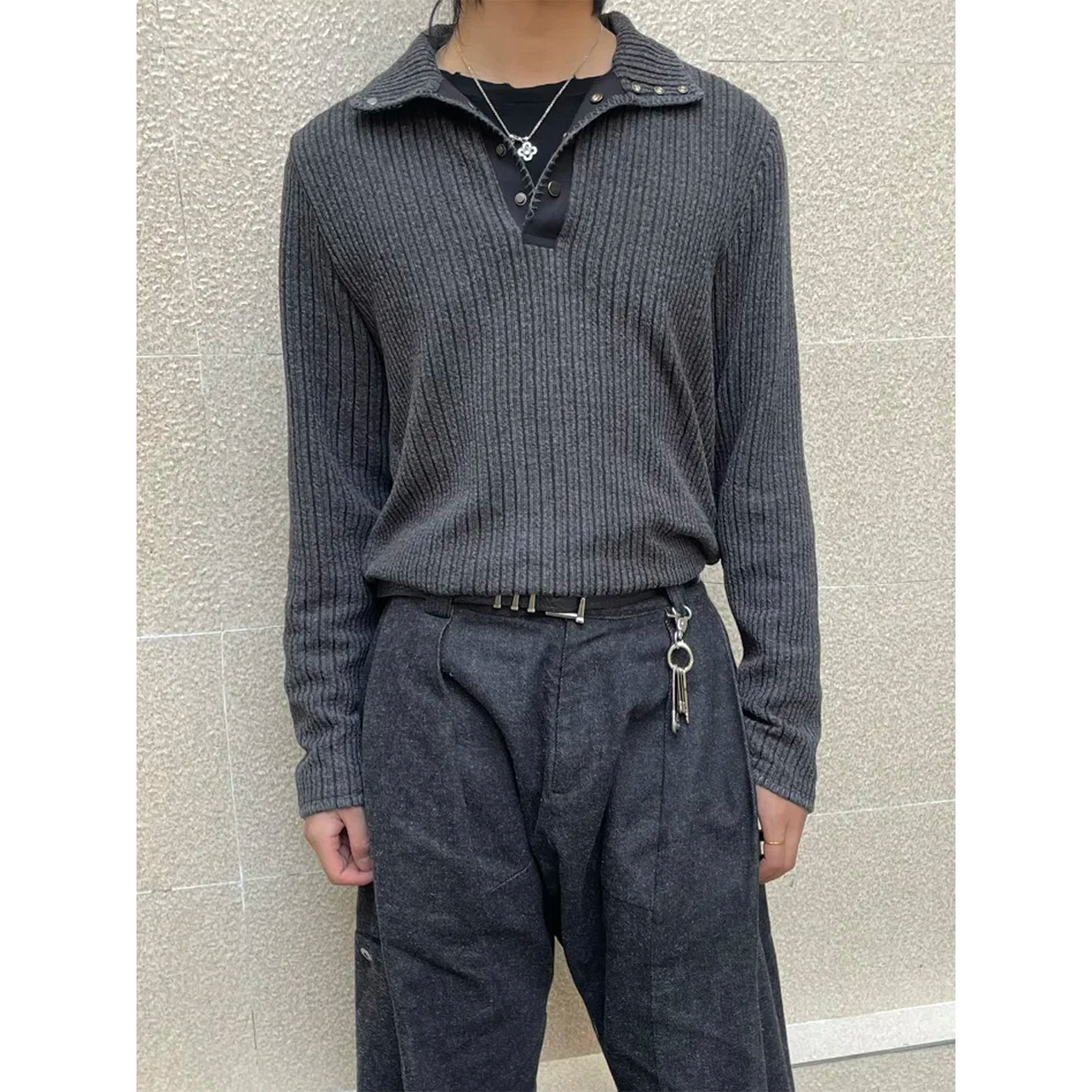 绞花条纹套头可翻立领polo打底长袖针织衫毛衣男秋冬季美式复古风