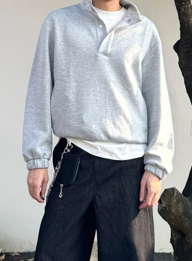 灰色休闲通勤运动风短宽排扣立领长袖卫衣男春秋季美式松弛感上衣