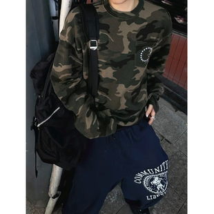 迷彩华夫格刺绣长袖男女体恤男秋季美式街头轻亚感穿搭宽松打底衫